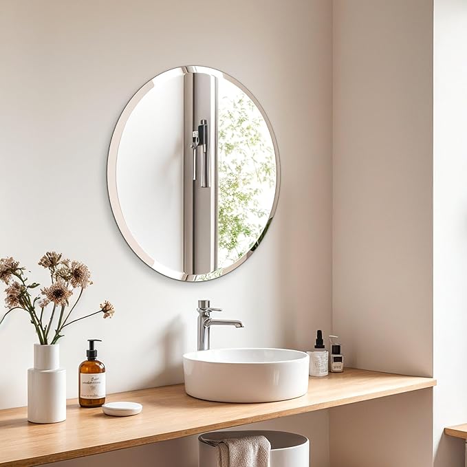 Frameless Round Wall Mirror: Decorative Mirrored Glass Vanity with Beveled Silver Edge for Bathroom Bedroom Livingroom Dining Room Entryway Hallway, 16 x 16 inch