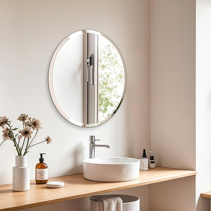 Frameless Round Wall Mirror: Decorative Mirrored Glass Vanity with Beveled Silver Edge for Bathroom Bedroom Livingroom Dining Room Entryway Hallway, 16 x 16 inch