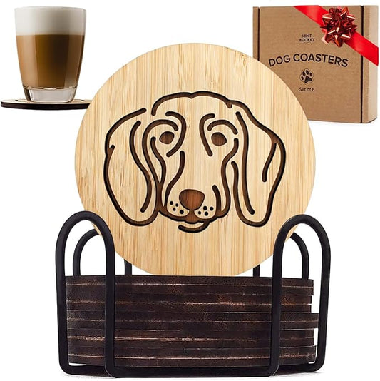 Set of 6 Bamboo Laser-Engraved Fun Dog Coasters with Iron Holder - Gift Packaging 3.9 Inch Non-Stick Absorbent Durable and Unbreakable Wooden Cup Coasters for Dog Lovers (Dachshund)