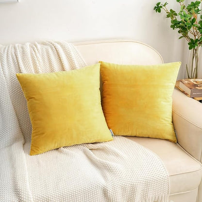 HWY 50 Yellow Velvet Throw Pillow Covers 22x22 Inch, Pack of 2 Soft Cozy Solid Decorative Luxury Cushion Cases for Couch Sofa Bed Living Room Bedroom