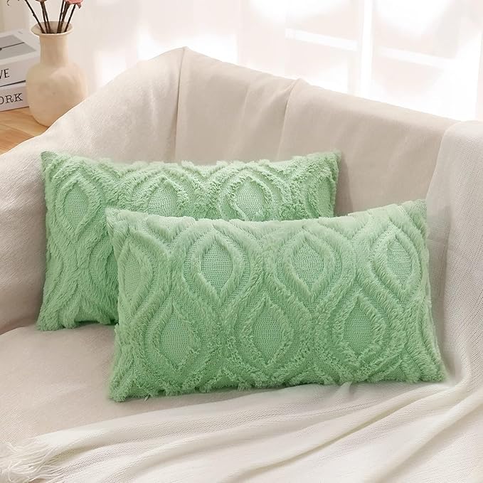 decorUhome Spring Throw Pillow Covers 12x20 Inch Set of 2, Soft Plush Faux Wool Sage Green Solid Couch Pillow Covers, Accent Farmhouse Neutral Square Pillow Cases for Sofa Bed Living Room