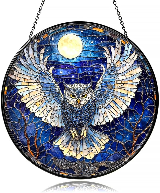 Owl Suncatcher - Moonlit Stained Glass Window Hanging Decor for Nature Lovers, Whimsical Night Bird Gift for Owl Enthusiasts,Sun Catchers Indoor Window, Outdoor Celestial Home Decoration (7.87 Inch)