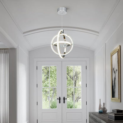 Modern LED Pendant Light Chrome Pendant Lights 4000K Dimmable External Glow Height Adjustable Pendant Lighting for Kitchen Island Dining Room Bedroom Living Room Foyer（3-Ring）