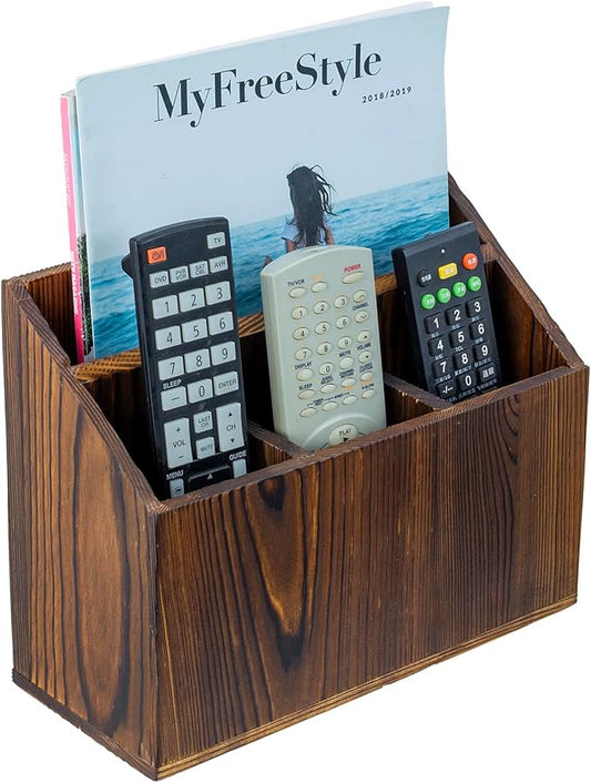 MyGift Rustic Solid Wood Remote Control Holder Caddy – Tabletop Organizer with Magazine Storage Slot for Living Room or Office