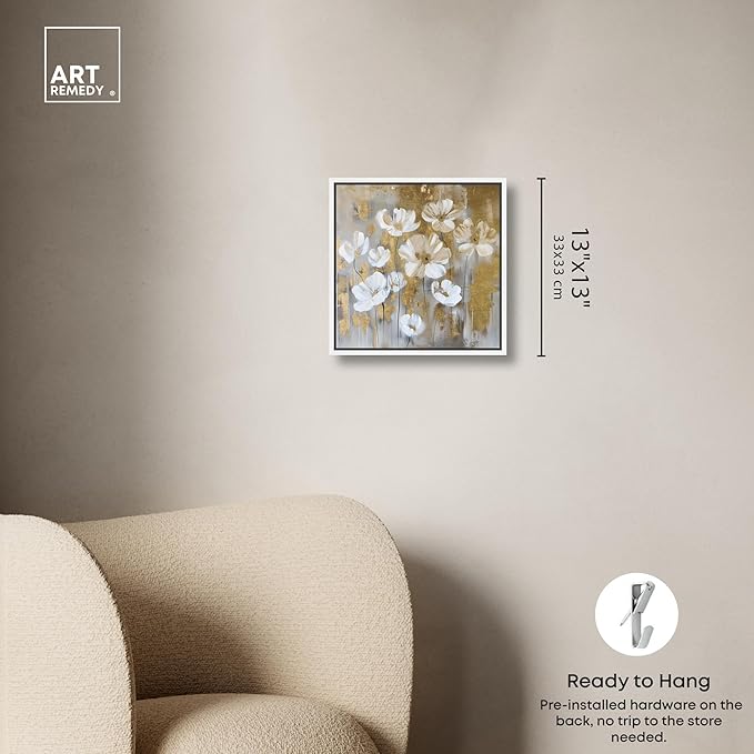 Art Remedy Golden Daisies Canvas Elegant White Gold Wall Art, White Frame, 12" x 12"