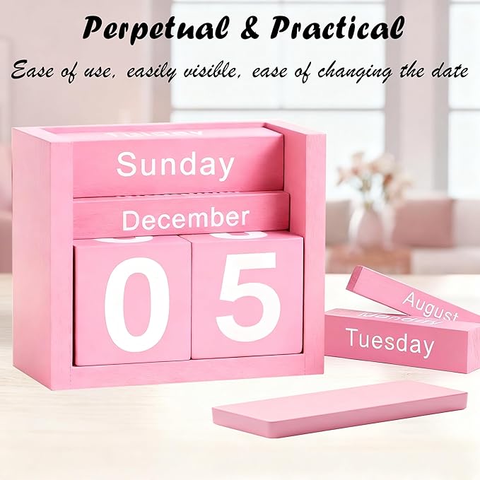 Pink Desk Calendar Wooden Block Perpetual Calendar Cute Pink Office Desktop Accessories for Women Room Bedroom Girls Birthday Party Gift Christmas Home Decor