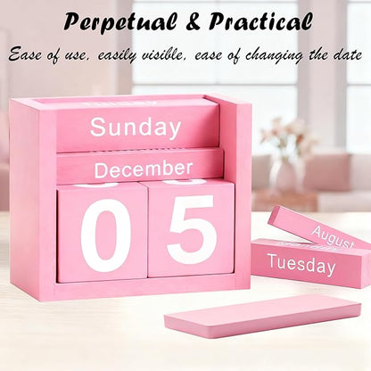 Pink Desk Calendar Wooden Block Perpetual Calendar Cute Pink Office Desktop Accessories for Women Room Bedroom Girls Birthday Party Gift Christmas Home Decor