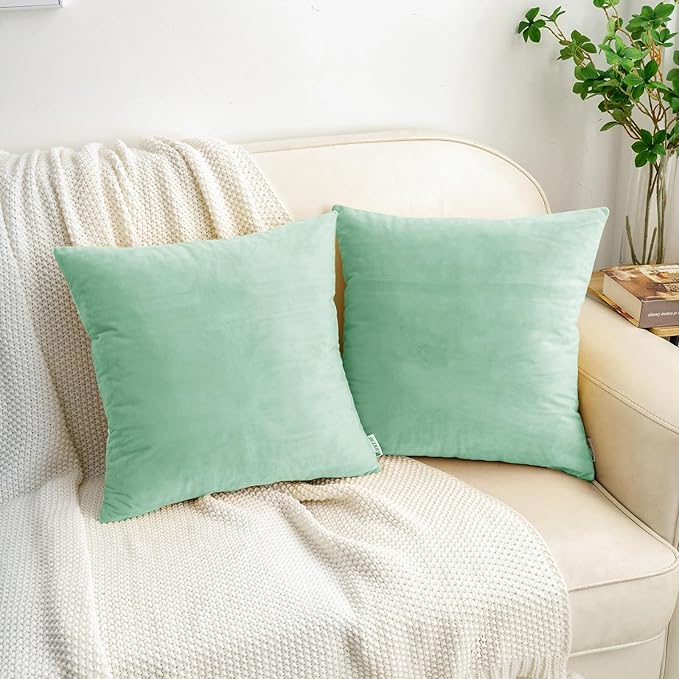 HWY 50 Aqua Green Velvet Throw Pillow Covers 16x16 Inch, Pack of 2 Soft Cozy Solid Decorative Luxury Cushion Cases for Couch Sofa Bed Living Room Bedroom