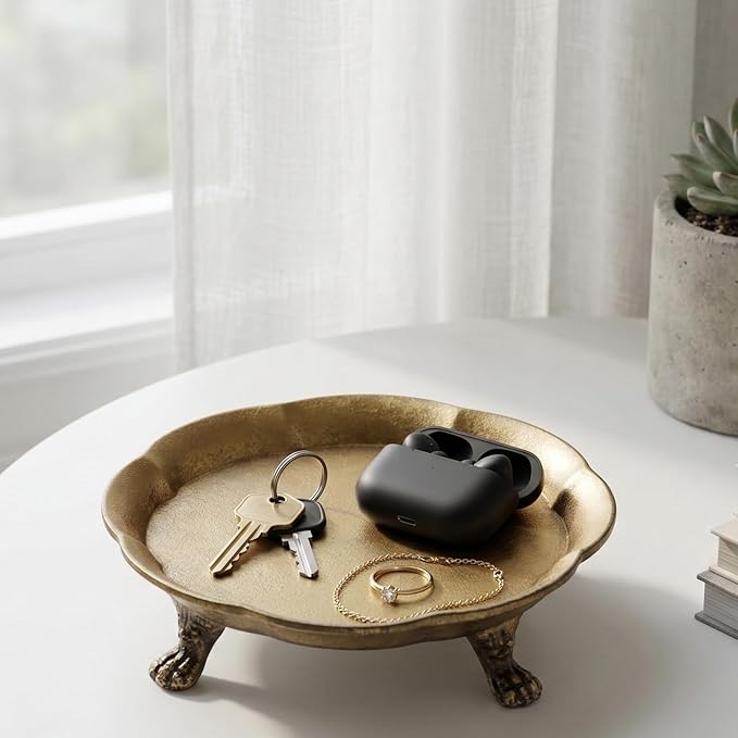 100% Solid Brass Clawfoot Pedestal Candle Dish – Vintage Style Decorative Candle Holder & Jewelry Trinket Tray– Heavyweight Brass Plate for Wax Candles, Rings & Small Accessories (ClawFootTray)