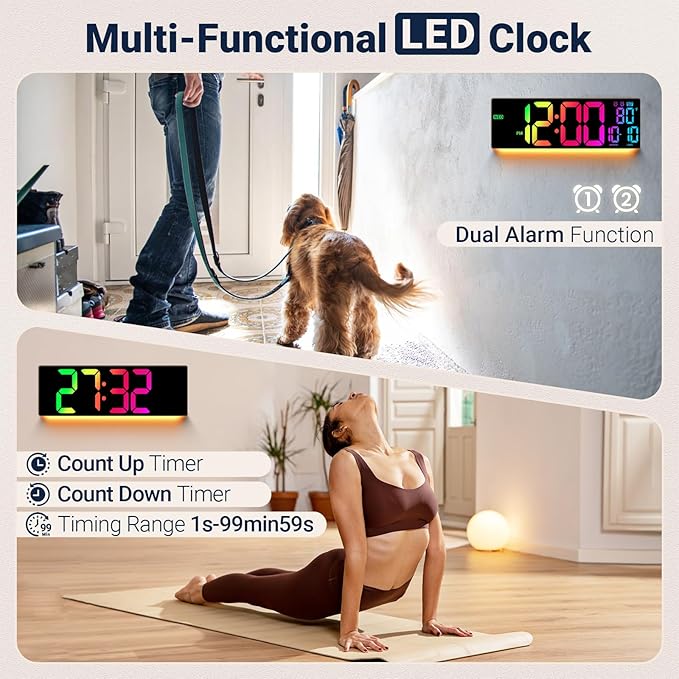 16.5" Large Digital Wall Clock: 11 RGB Colors Wall Mount Decor Clock for Living Room Bedroom Office Classroom, House Warming Gifts New Home Decor, for Men Women Brown