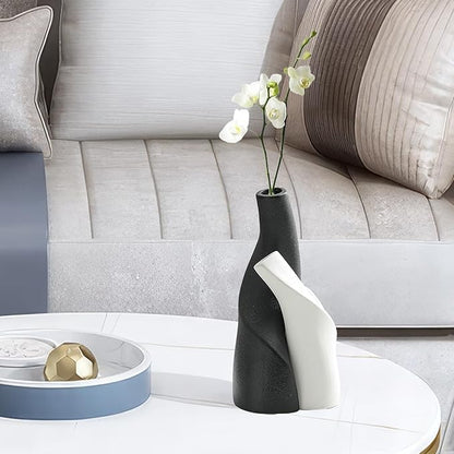 Irregular Circular Cross Ceramic Vase Set,Modern Minimalist Abstract Art Flower Vase for Home Decor,Decorative Small Bud Vase for Home Office Shelf Decor(Black White)