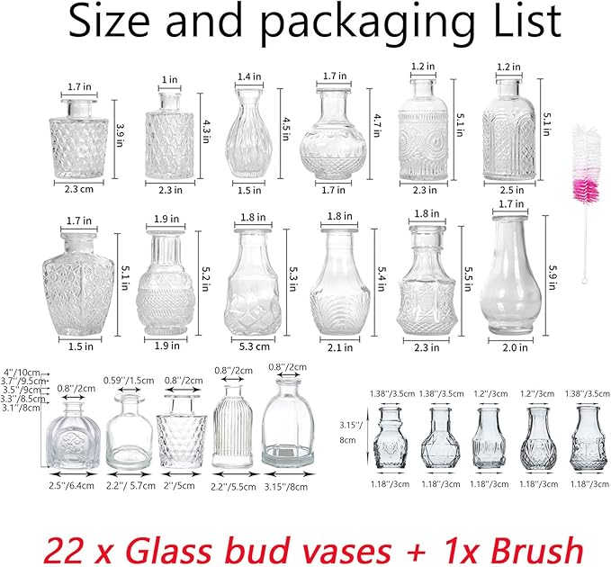 Glass Bud Vase Set of 22 Bud Vases in Bulk with Brush, Glass Vases for Centerpieces Cute, Vintage Wedding Decor Clear Bulk Mini Vase for Rustic Wedding Decorations, Home Table Flower Decor