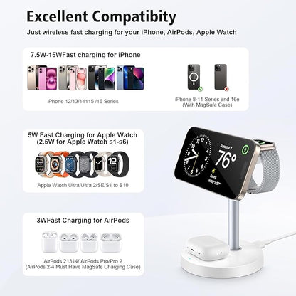 3 in 1 Wireless Charging Station for Apple Devices, 15W Fast Magnetic Charger Nighstand for Bedrooms, iPhone 17 Air 16 15 14 13 12 11 Series, Apple Watch, Airpods, Gifts for Men & Women(No AC Adapter)