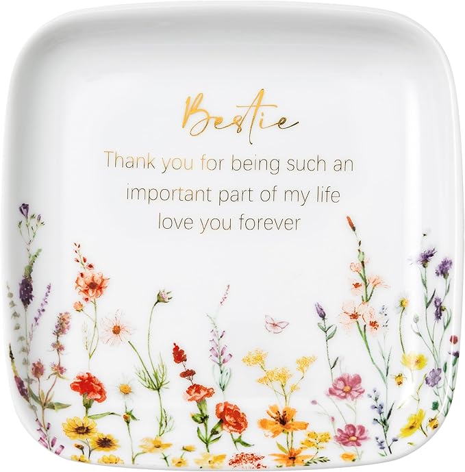 Crisky Jewelry Ring Dish for Bestie Birthday Gifts for Best Friend Women Friendship, Gifts for Friends Besties Floral Trinket Ring Dish Jewelry Tray for Her Sisters Long Distance Graduation Gift Ideas