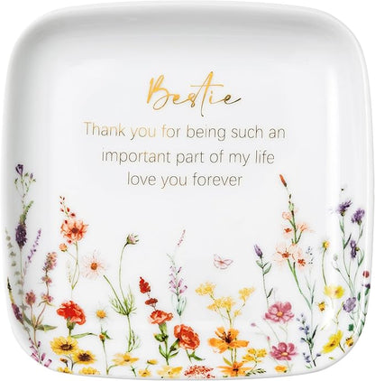 Crisky Jewelry Ring Dish for Bestie Birthday Gifts for Best Friend Women Friendship, Gifts for Friends Besties Floral Trinket Ring Dish Jewelry Tray for Her Sisters Long Distance Graduation Gift Ideas