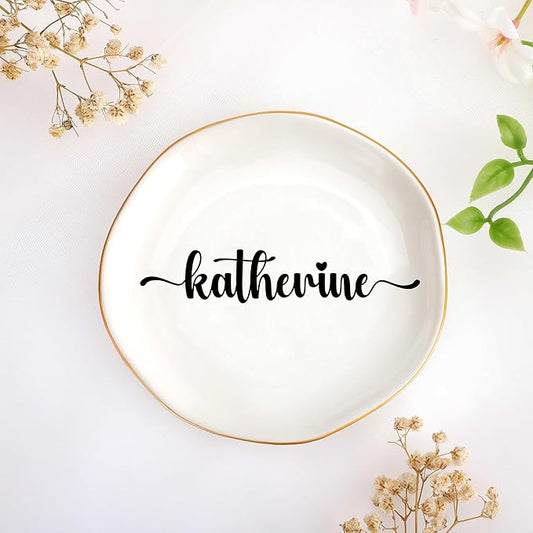 JoycuFF Katherine Personalized Name Ceramic Jewelry Tray, Mothers Day Christmas Anniversary Engagement Birthday Gifts for Women Couples, Trinket Dish for Rings Earrings Necklaces Bracelets Keys