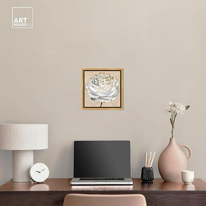 Art Remedy Beige Ranunculus Canvas Elegant White Gold Wall Art, Gold Frame, 12" x 12"