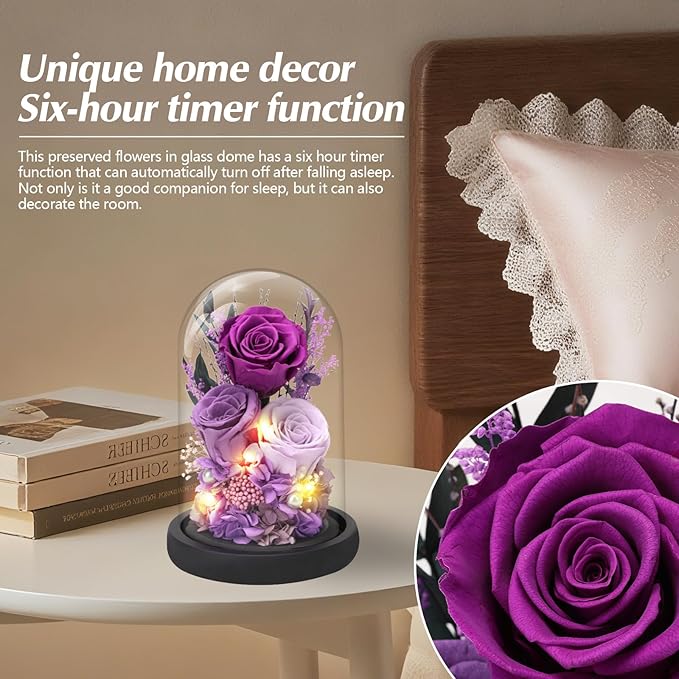 Casaido Preserved Roses Flowers for Delivery, Purple Forever Flores in Glass Dome for Women Mom Wife Girlfriend Grandma, Eternal Rose Anniversary Birthday Gift for Mothers Day Valentines Christmas
