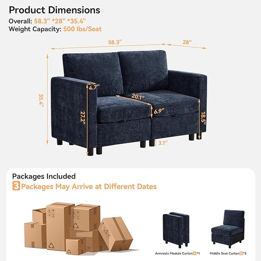 58'' Modular Sectional Loveseat Sofa, Modern Love Seat 2 Seater Sofa Couch with Storage, Chenille Modular Sectional Couch for Living Room, Bedroom, Office, Small Apartment, Navy