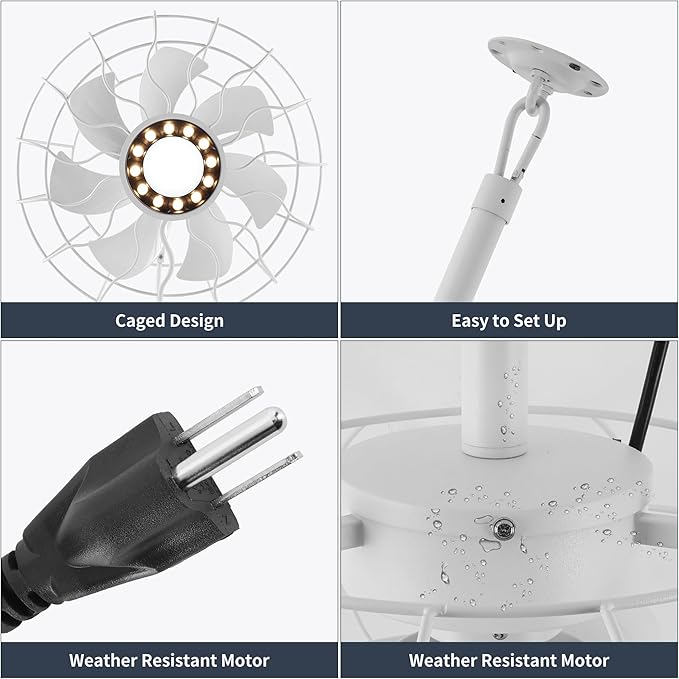 15" Outdoor Ceiling Fan with Light, with Remote and App Remote, IP65 Waterproof Gazebo Hanging Fan, 3CCT Dimmable, Portable Plug in Ceiling Fan with Cord Hook for Patio Porch Pergola Indoor(White)