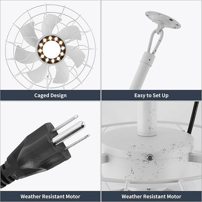 15" Outdoor Ceiling Fan with Light, with Remote and App Remote, IP65 Waterproof Gazebo Hanging Fan, 3CCT Dimmable, Portable Plug in Ceiling Fan with Cord Hook for Patio Porch Pergola Indoor(White)