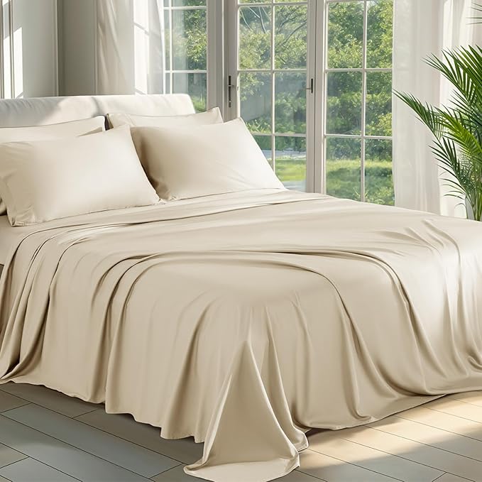 Shilucheng 100% Viscose Derived from Bamboo_ Sheets King Size 6pcs - Ultra Cooling & Silky Soft Bed Sheets, 16" Deep Pocket, Perfect for Hot Sleepers, Hotel Bedding Sheets (Beige)