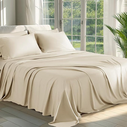 Shilucheng 100% Viscose Derived from Bamboo_ Sheets Cal King Size 6pcs - Ultra Cooling & Silky Soft Bed Sheets, 16" Deep Pocket, Perfect for Hot Sleepers, Hotel Bedding Sheets (Beige)