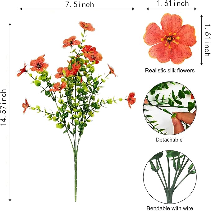 16 Bundles Artificial Flowers – UV Resistant Faux Mums in Orange for Garden, Patio, Porch & Home Décor, Realistic Fake Flowers for Wedding & Yard Decoration