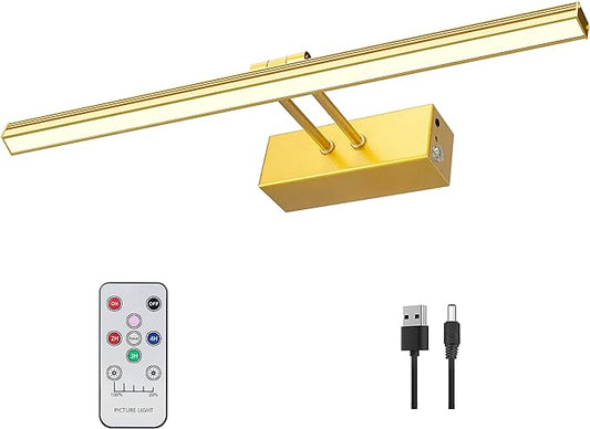 FUNCHDAY Picture Light,5000mAh Battery Operated Picture Light for Wall,Wireless Remote Painting Light with Timer and Dimmable,16”Metal Art Light for Display,Wall,Artwork,Portrait,Gallery -Brass