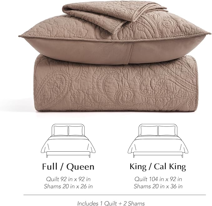 EVERGRACE 100% Cotton Paisley Quilt Set, Queen Size 3 Piece Set – Prewashed Lightweight Bedspread with 2 Shams, Soft & Breathable Matelasse Coverlet for All-Season Comfort, Dusty Brick