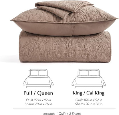 EVERGRACE 100% Cotton Paisley Quilt Set, King Size 3 Piece Set – Prewashed Lightweight Bedspread with 2 Shams, Soft & Breathable Matelasse Coverlet for All-Season Comfort, Dusty Brick