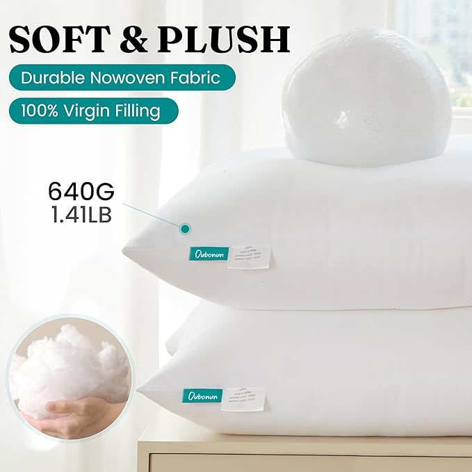 Oubonun 20 x 20 Throw Pillow Inserts - Soft, Plush & Decorative Down Alternative Pillows for Couch Sofa Bed, Machine Washable - White, Pack of 2