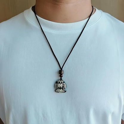 Handmade Black Bull Bone Pendant Necklace, Traditional Tribal Design, Wooden Beads, Adjustable Braided Rope, 24 Inch, Surfer Style