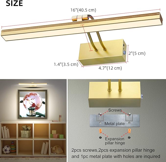 FUNCHDAY Picture Light,Battery Operated Art Lights for Wall,Wireless Remote Painting Light with Timer and Dimmable,16”Metal Display Lighting for Artwork,Portrait,Gallery-Gold-L