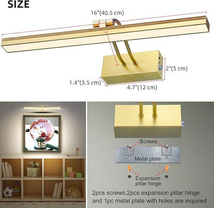 FUNCHDAY Picture Light,Battery Operated Art Lights for Wall,Wireless Remote Painting Light with Timer and Dimmable,16”Metal Display Lighting for Artwork,Portrait,Gallery-Gold-L