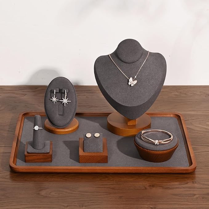 Oirlv Solid Wood Jewelry Tray Jewelry Display Holder Showcase Watch Display Organizer (Medium, Grey)