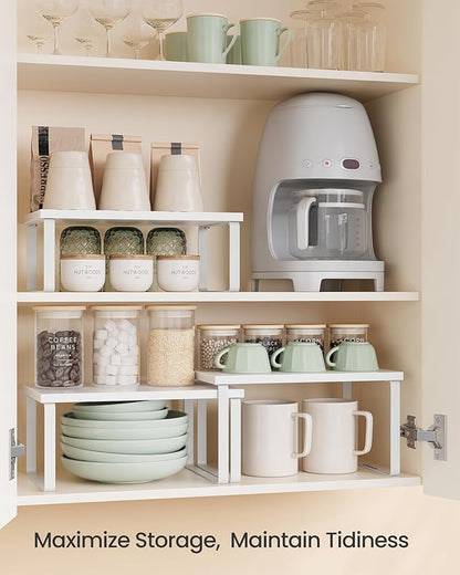 SONGMICS Cabinet Organizer Shelf, Set of 3 Kitchen Counter Shelves, Kitchen Storage, Spice Rack, Stackable, Expandable, Snow White and Matte White UKCS220W01