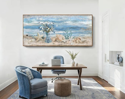 Nicetop Extra Large Framed Wall Art for Living Room Blue Boho Ocean Beach Coastal Daisy Flower in Vase Picture Huge Seascape Canvas Print Painting Oversized Seaside Artwork for Home Office 86x39inch