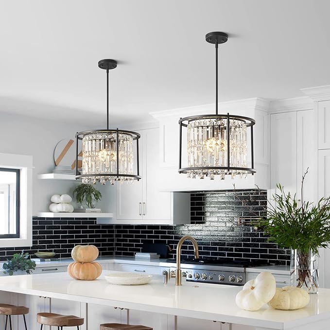LMQNINE Modern Foyer Chandelier, Black Crystal Chandelier Entryway Pendant Light Fixture, Round Adjustable Height Chandeliers for Kitchen Island, L15.74'' x H10.43''