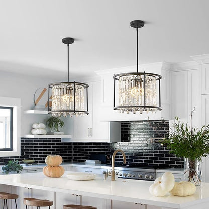 LMQNINE Modern Foyer Chandelier, Black Crystal Chandelier Entryway Pendant Light Fixture, Round Adjustable Height Chandeliers for Kitchen Island, L15.74'' x H10.43''