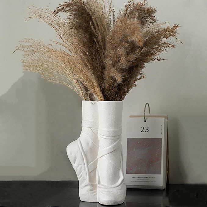 Ballet Shoe Modern Ceramic Vase, Nordic Art Ins Style Decorative Ceramic Aesthetic Foot Flower Vase for Home Living Room Table Bookshelf Decor (Matte White W 6" X H 9")