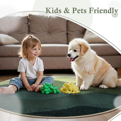 6ft Round Rugs for Living Room,Soft Washable Non-Slip Large Circle Rug,Chic Mountain Low-Pile Circular Bedroom Rug Indoor Round Carpets for Kidsroom/Nursery/Office(Green)