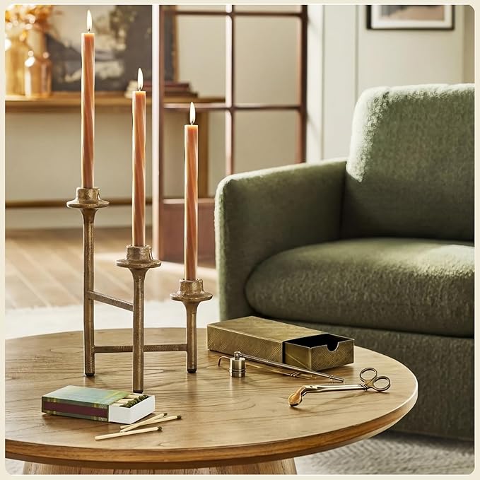 3 Arm Taper Brass Candelabra Vintage Foldable Metal Candle Holder for Fireplace Mantel Entryway Table Home Decor 10.25" H x 14" W x 2.5" D