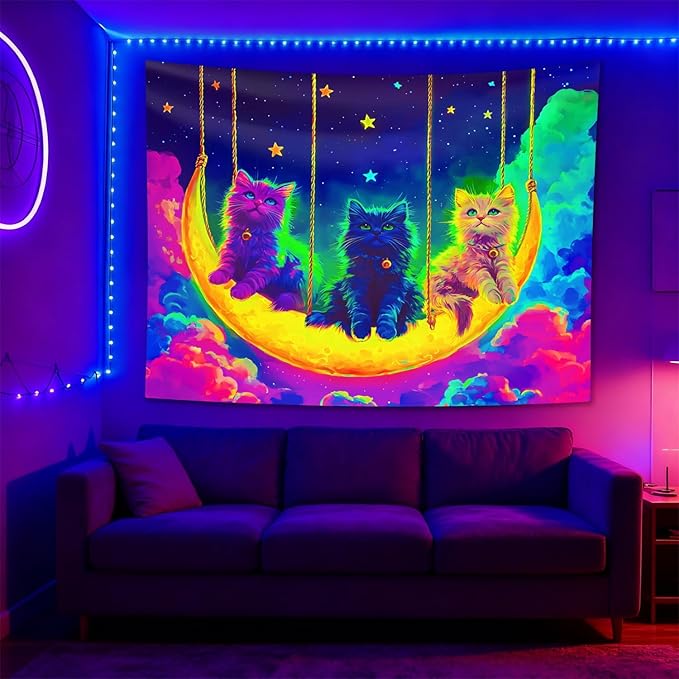 seewan Black Light Psychedelic Cat Tapestry, Glow-in-the-Dark UV Neon Multicolor Cat Tapestry, Psychedelic Multicolor Animal Art Tapestry, Bedroom Dorm Living Room Background Decor