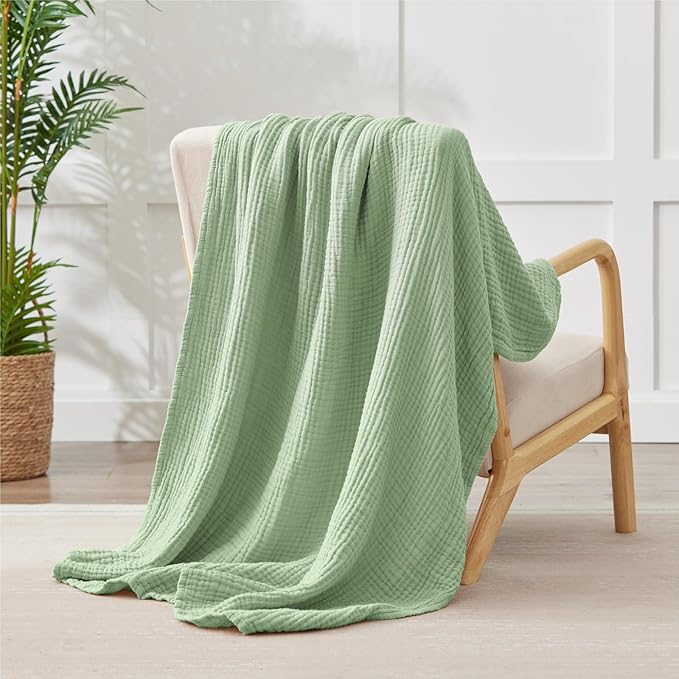 100% Cotton Muslin Blanket 50" x 60", Breathable and Lightweight Cotton Throw Blankets for Couch, Soft Cooling Summer Gauze Blanket for Adults All Season, Sage Green