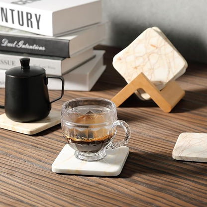 Koville Marble Coasters Set of 5, Square Coasters with Holder for Drinks, 4" Cup Coaster for Coffee Table Home Office Bar Decor, Heat Resistant Decorative Drink Coaster (White&Gold)