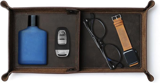Handmade Leather Catch All Tray and Organizer for Keys, Phones, Jewels, Coins, Rectangular, Deep Brown