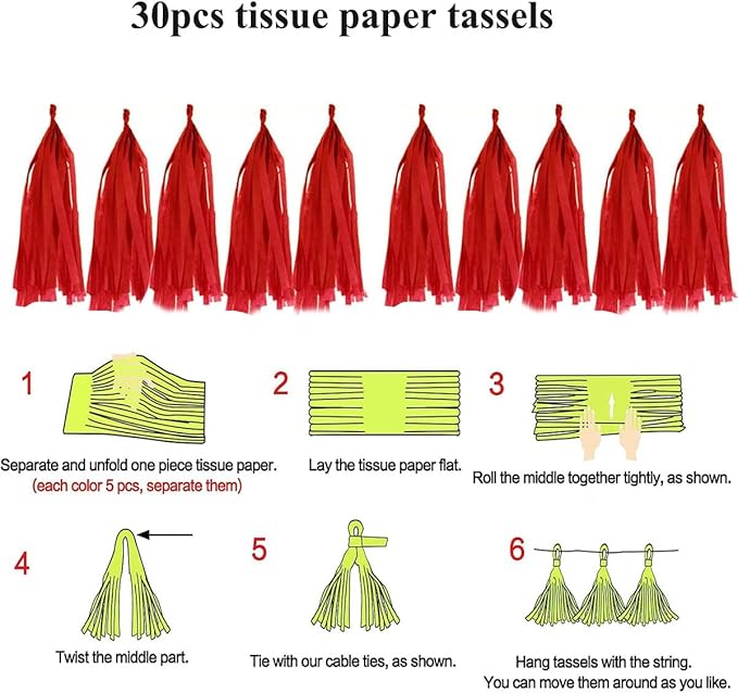 30pcs Paper Tassels Garland Banner Tissue Paper Tassel DIY Hanging Paper Decorations Party Tassel Garland Decor Baby Shower Nursery Wedding Festival Baby Shower Decoration(30, red)