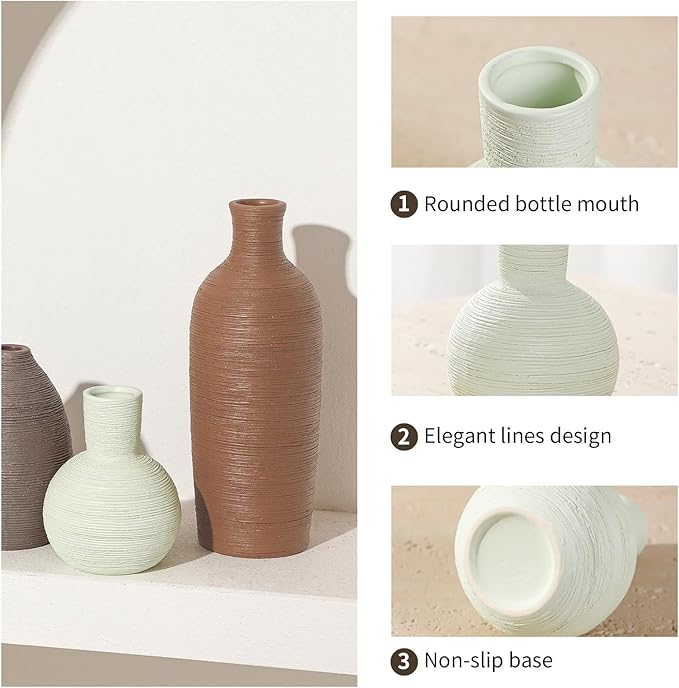 Ceramic Vases Set of 3 Home Decor Modern Rustic Farmhouse Pottery Decorative Flower Vases for Pampas Grass Dried Fresh Flowers, Living Room, Table Centerpiece, Shelf, Mantel (Multicolor Brown)