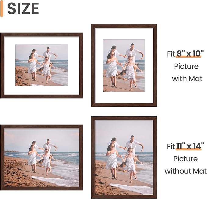 upsimples 11x14 Picture Frame Set of 5, Display Pictures 8x10 with Mat or 11x14 Without Mat, Wall Gallery Photo Frames, Brown